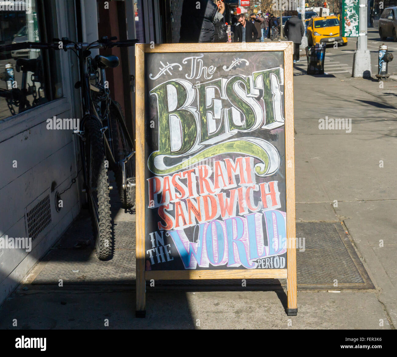 A delicatessen in New York proudly proclaims it has the best pastrami in the world on Tuesday, February 2, 2016.  (© Richard B. Levine) Stock Photo
