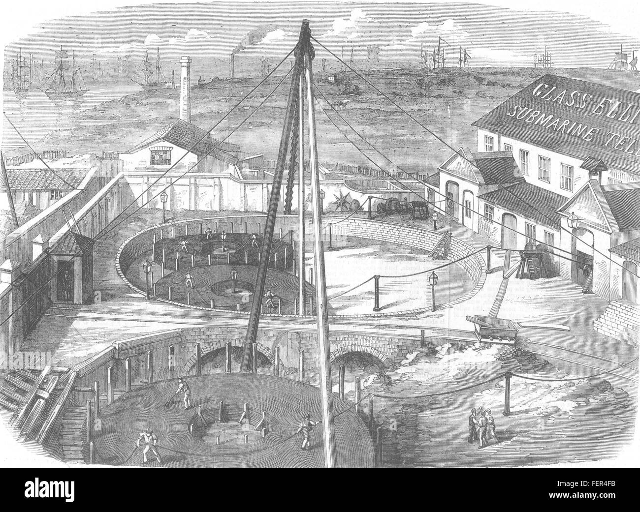 GREENWICH Transatlantic Telegraph Cable ready for shipment at Morden Wharf 1857. Illustrated London News Stock Photo