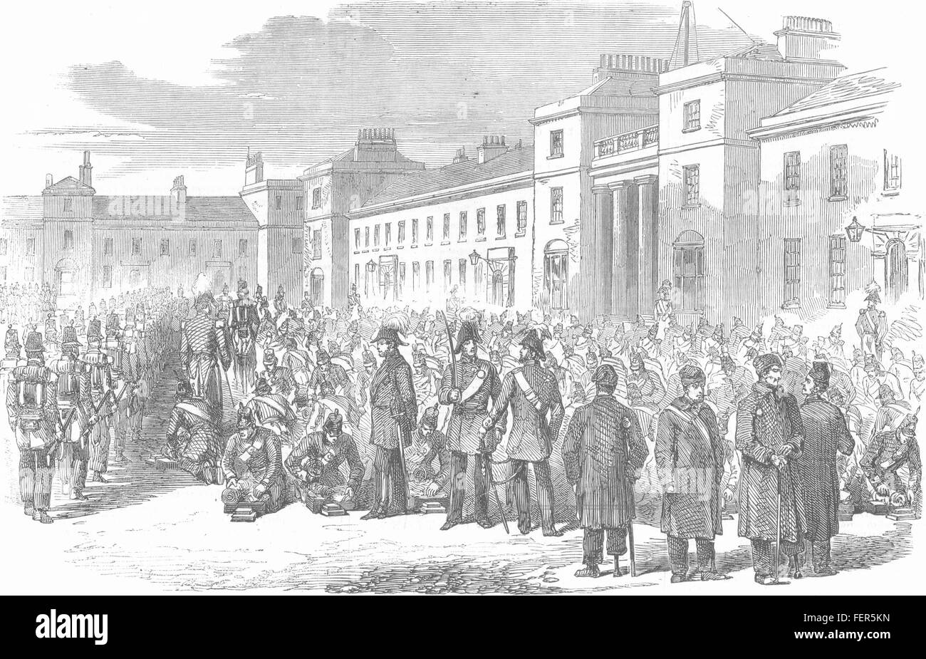 CHATHAM Royal Sappers & Miners inspection, Brompton Barracks. Burgoyne 1856. Illustrated London News Stock Photo