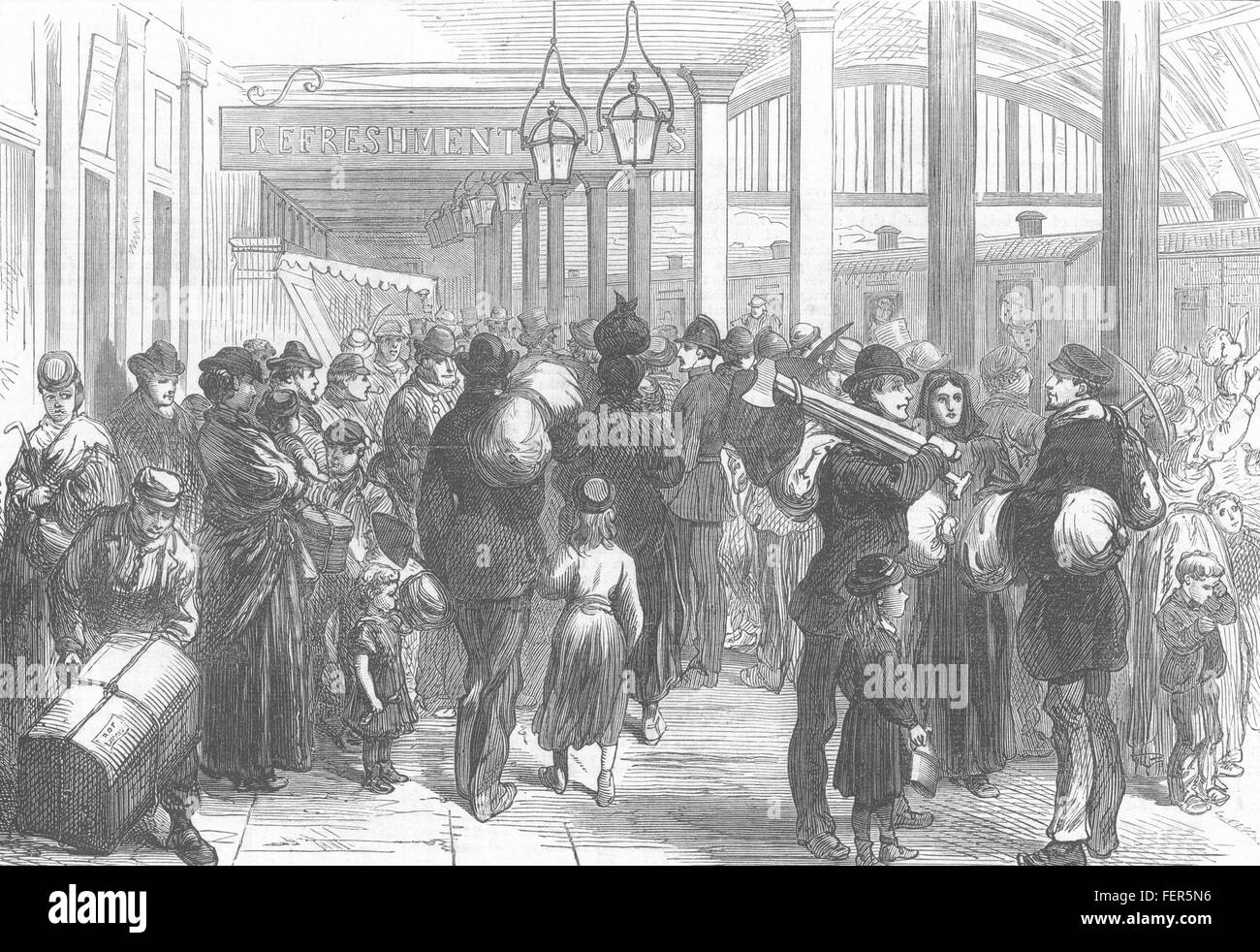 WALES The Strike in South Wales Exodus of miners from Merthyr Tydfil 1873. Illustrated London News Stock Photo