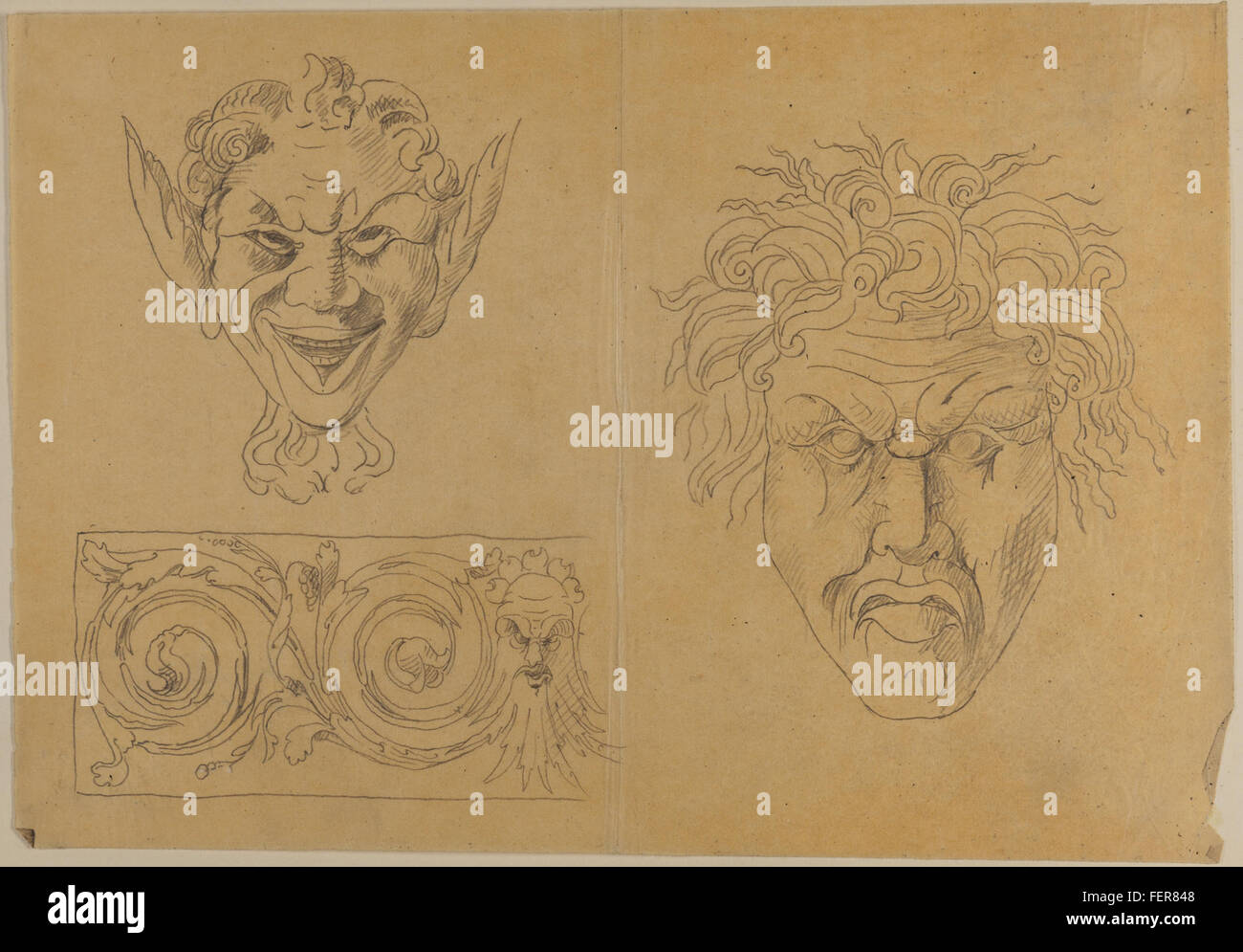Johann Friedl's sketchbook masks and border decorations Stock Photo