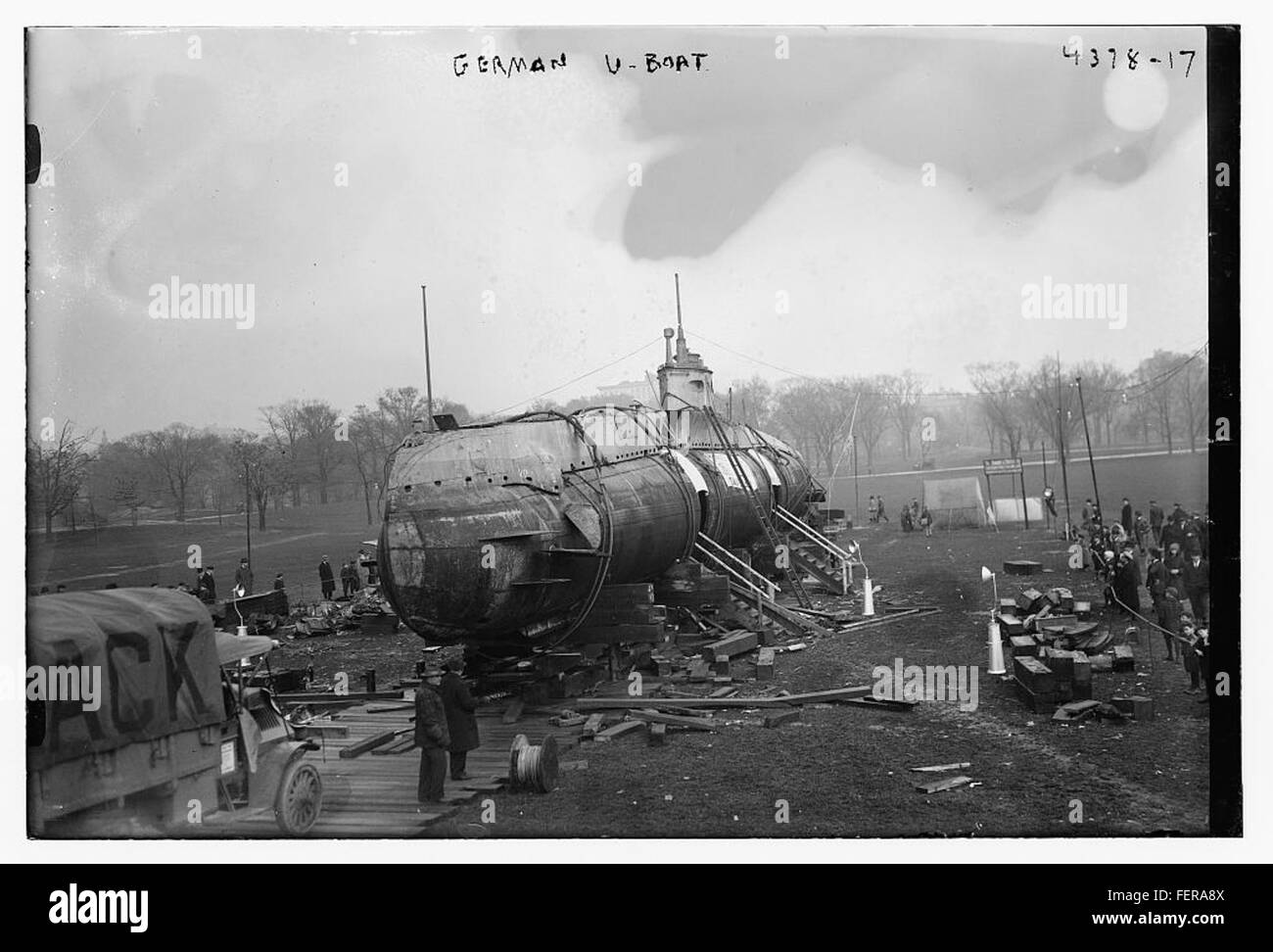 A black-and-white photograph of a German U-Boat, illustrating its design and features as part of Germany’s naval fleet, especially during World War I or II. Stock Photo