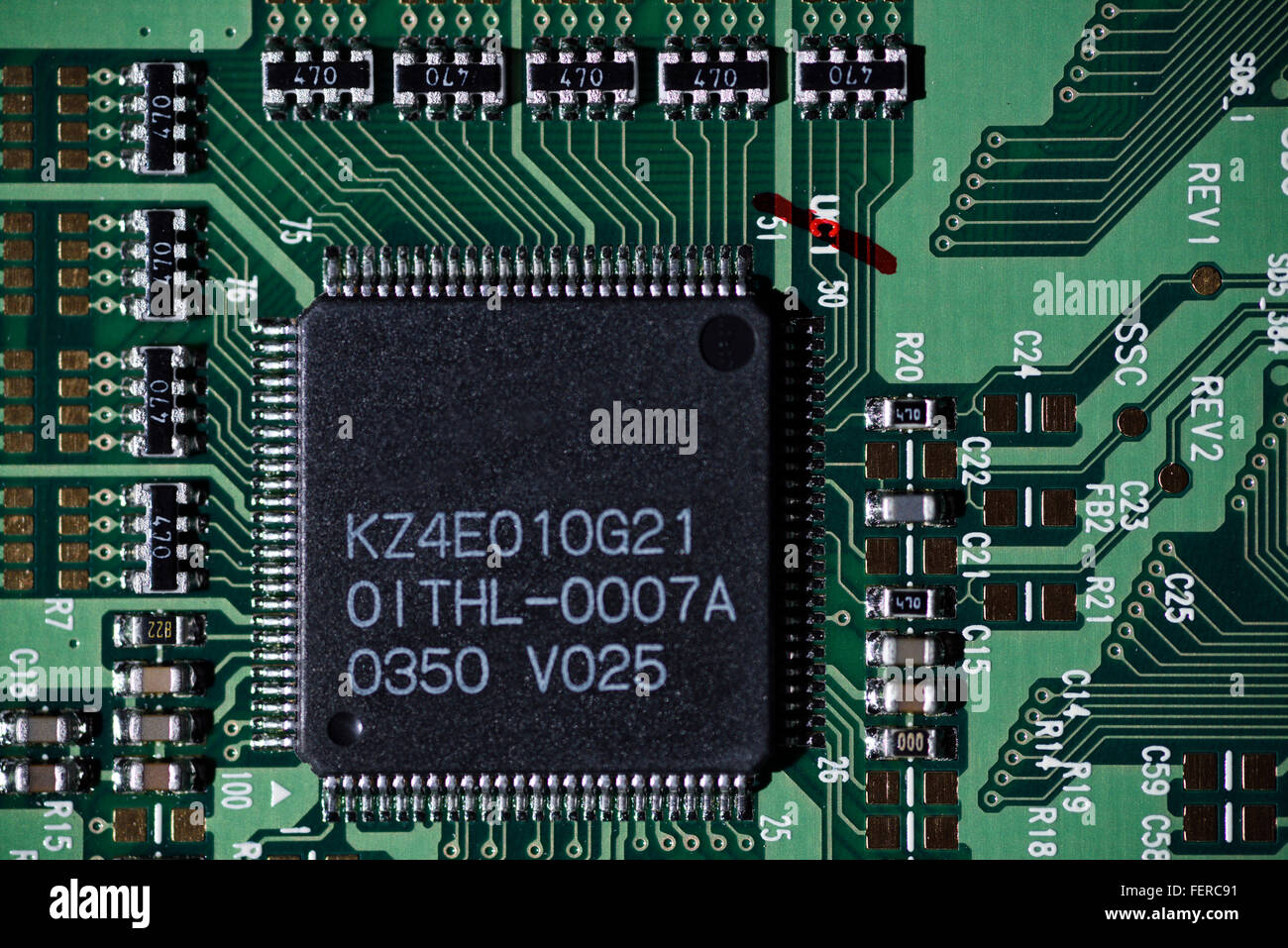 Electronic microchip from a laptop integrated circuit board Stock Photo