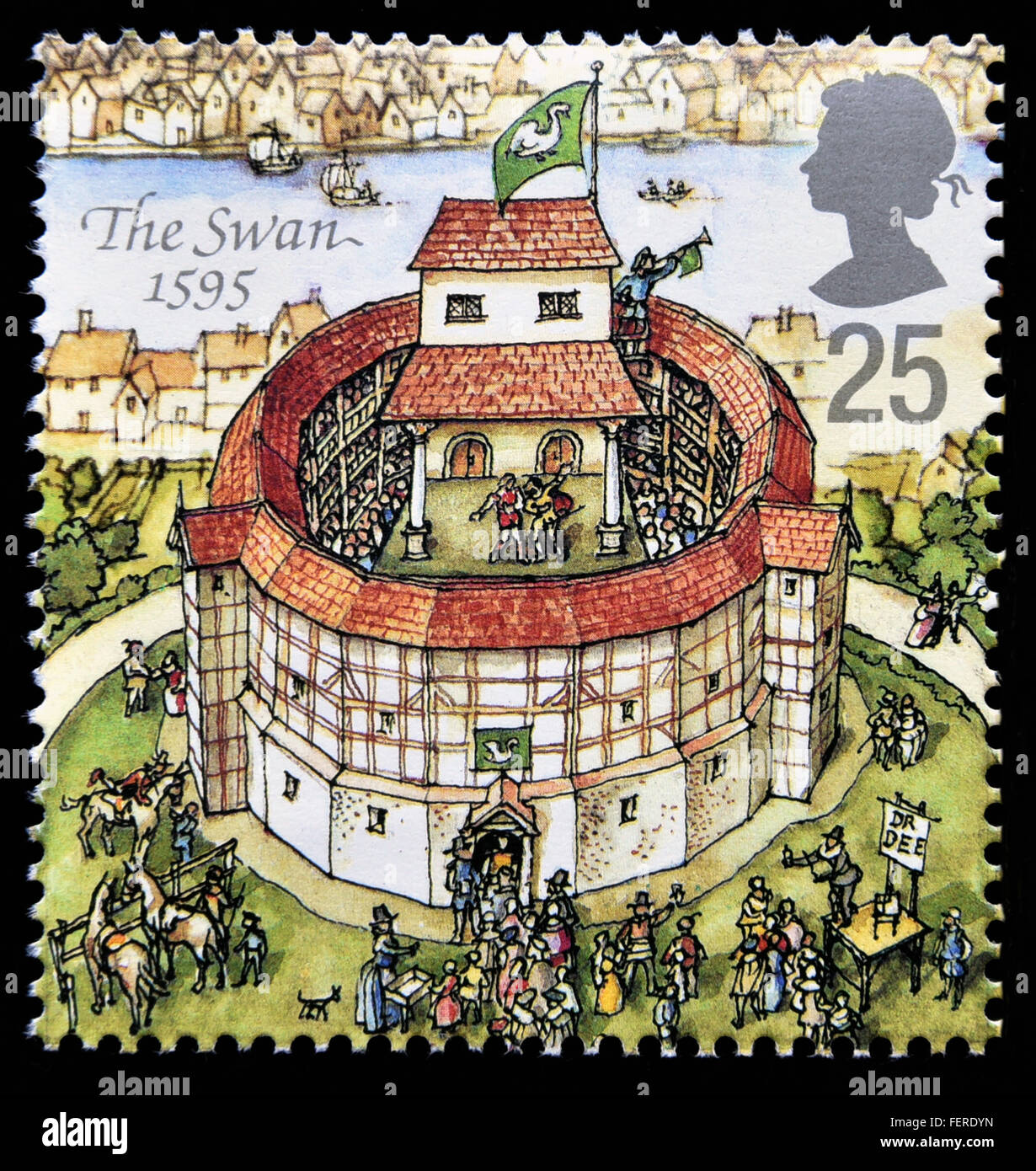 Postage stamp. Great Britain. Queen Elizabeth II. 1995. Reconstruction of Shakespeare's Globe Theatre. The Swan 1595. Stock Photo