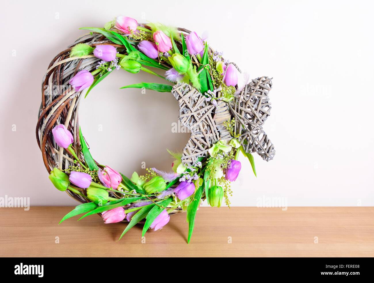 Easter Homemade Decorated Wreath Decoration On The Table Homemade