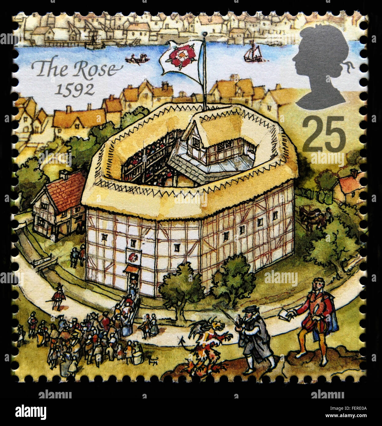 Postage stamp. Great Britain. Queen Elizabeth II. 1995. Reconstruction of Shakespeare's Globe Theatre. The Rose 1592. Stock Photo