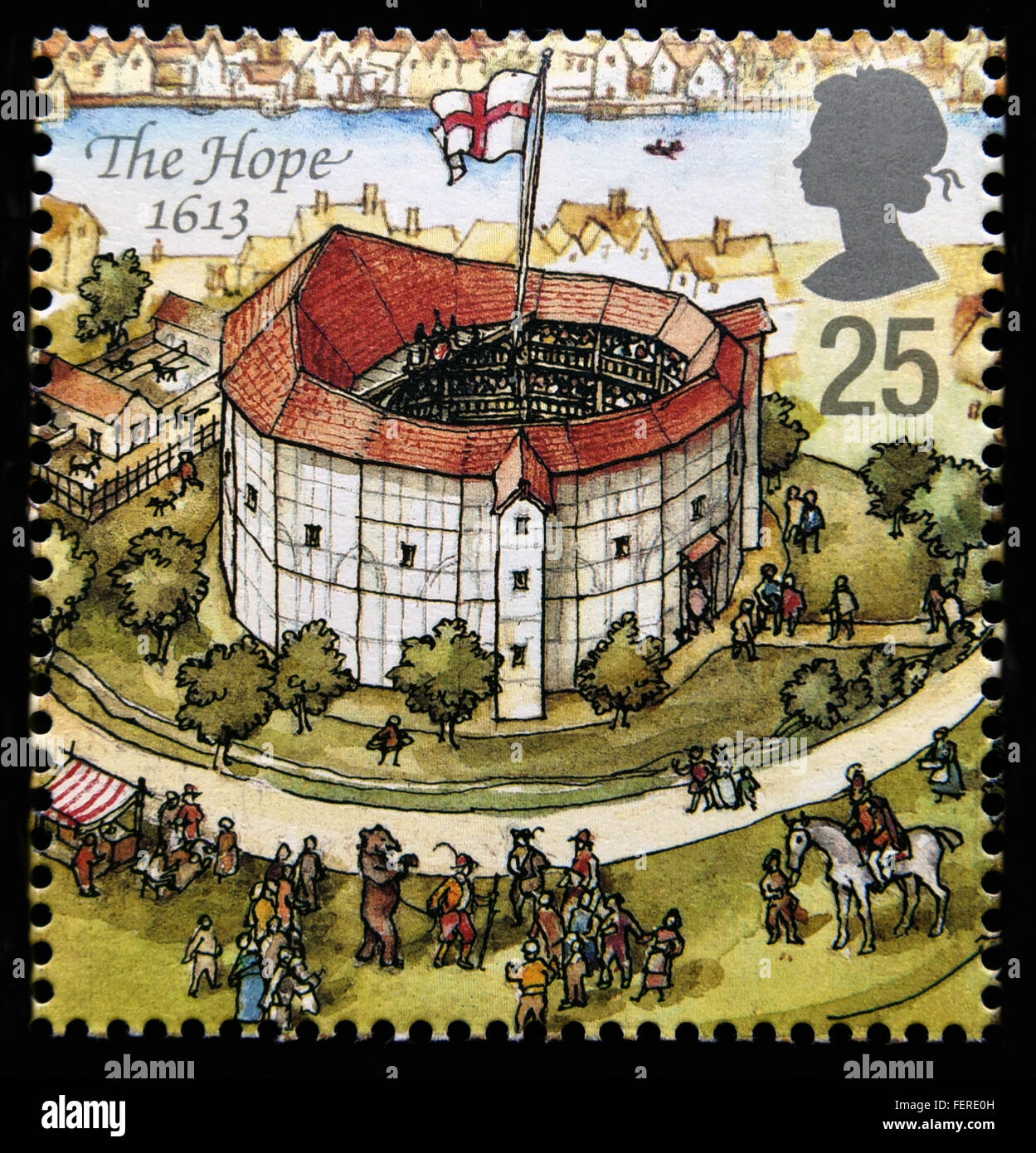 Postage stamp. Great Britain. Queen Elizabeth II. 1995. Reconstruction of Shakespeare's Globe Theatre. The Hope 1613. Stock Photo