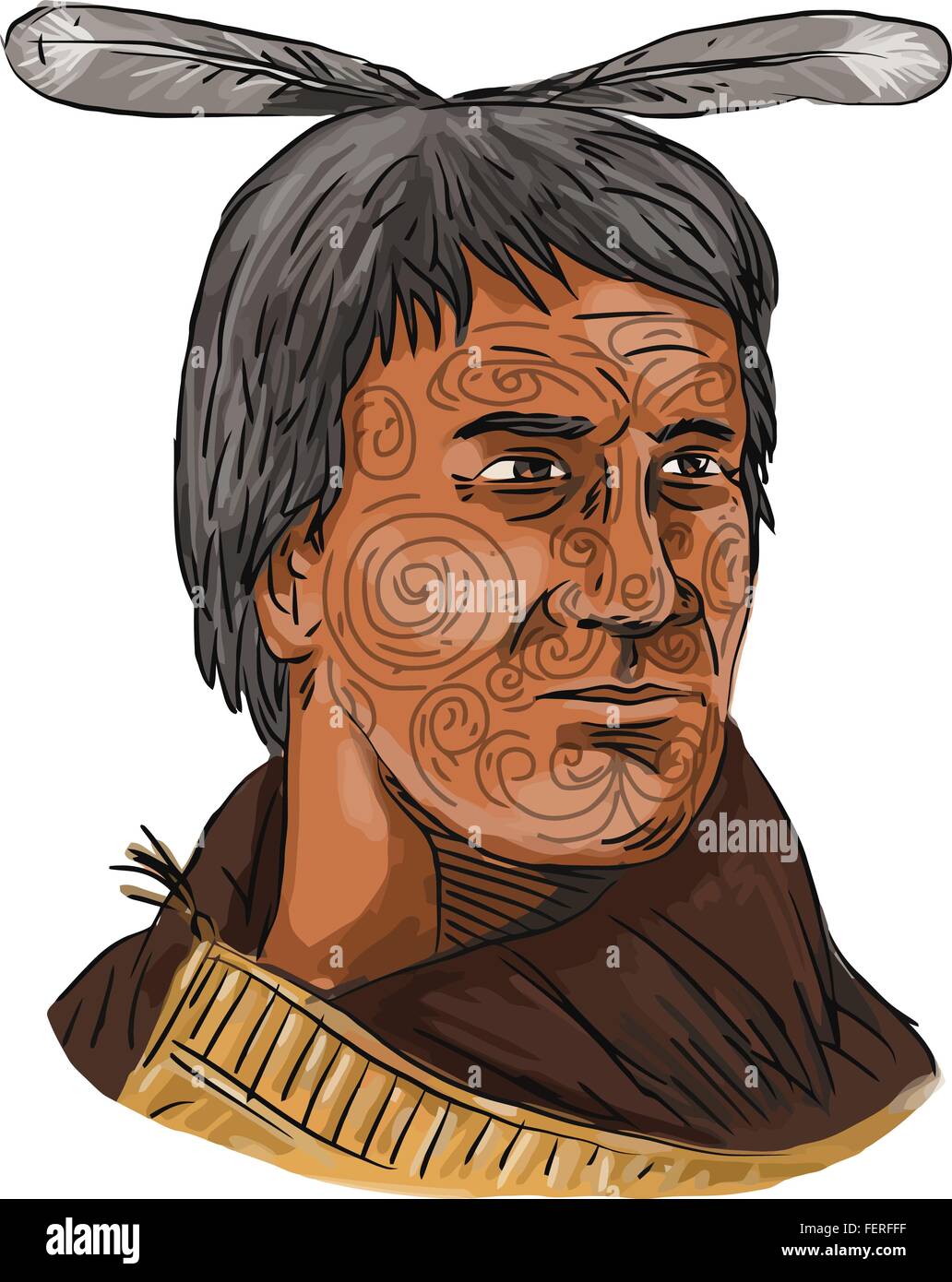 Watercolor style illustration of bust of Maori chief warrior chieftain with tattoos on face and cape on isolated white background. Stock Vector