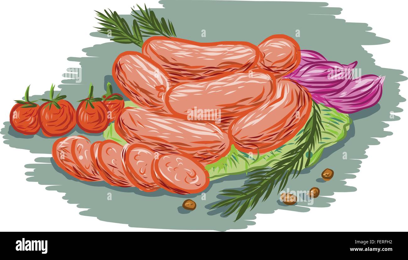 Drawing sketch style illustration of pork sausages, vegetables, rosemary, leaf, tomato, pepper, pepper corn, onion, herb on isolated white background. Stock Vector