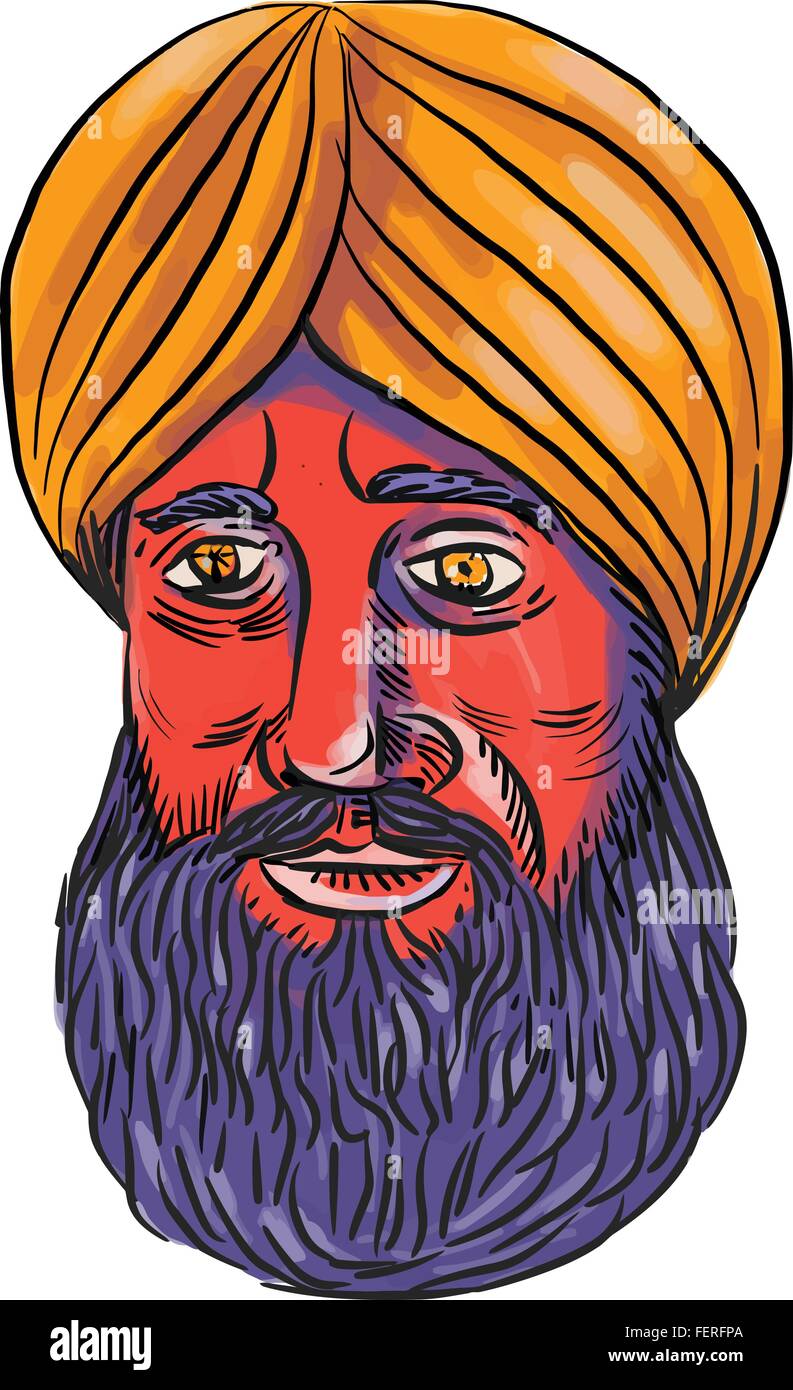 Watercolor style illustration of a male Sikh head with beard and wearing turban on isolated white background. Stock Vector