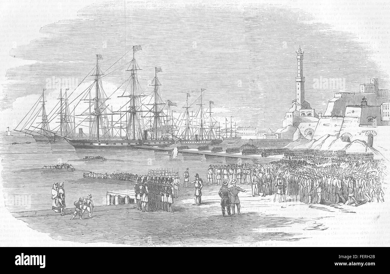 ITALY boarding of Sardinian Contingent at Genoa 1855. Illustrated London News Stock Photo