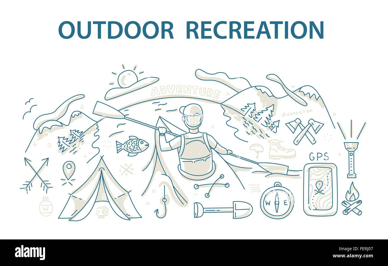 Doodle style design concept of outdoor recreation and travel Stock ...