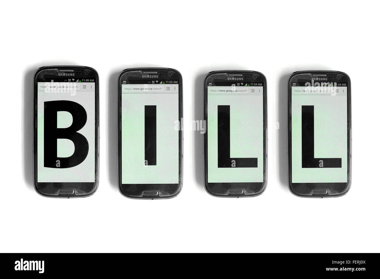 Bill on the screens of smartphones photographed against a white background. Stock Photo