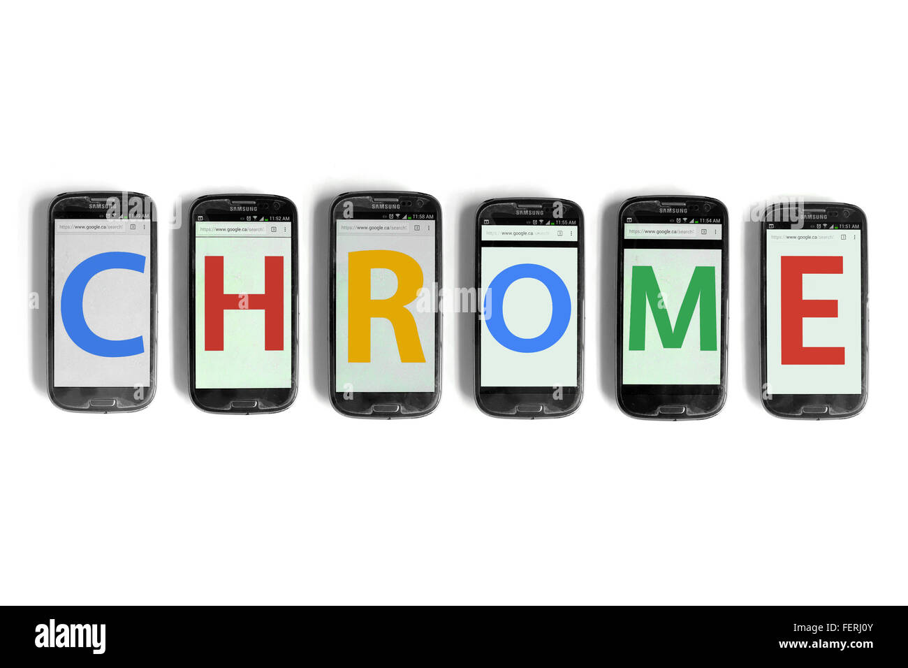 Chrome on the screens of smartphones photographed against a white background. Stock Photo