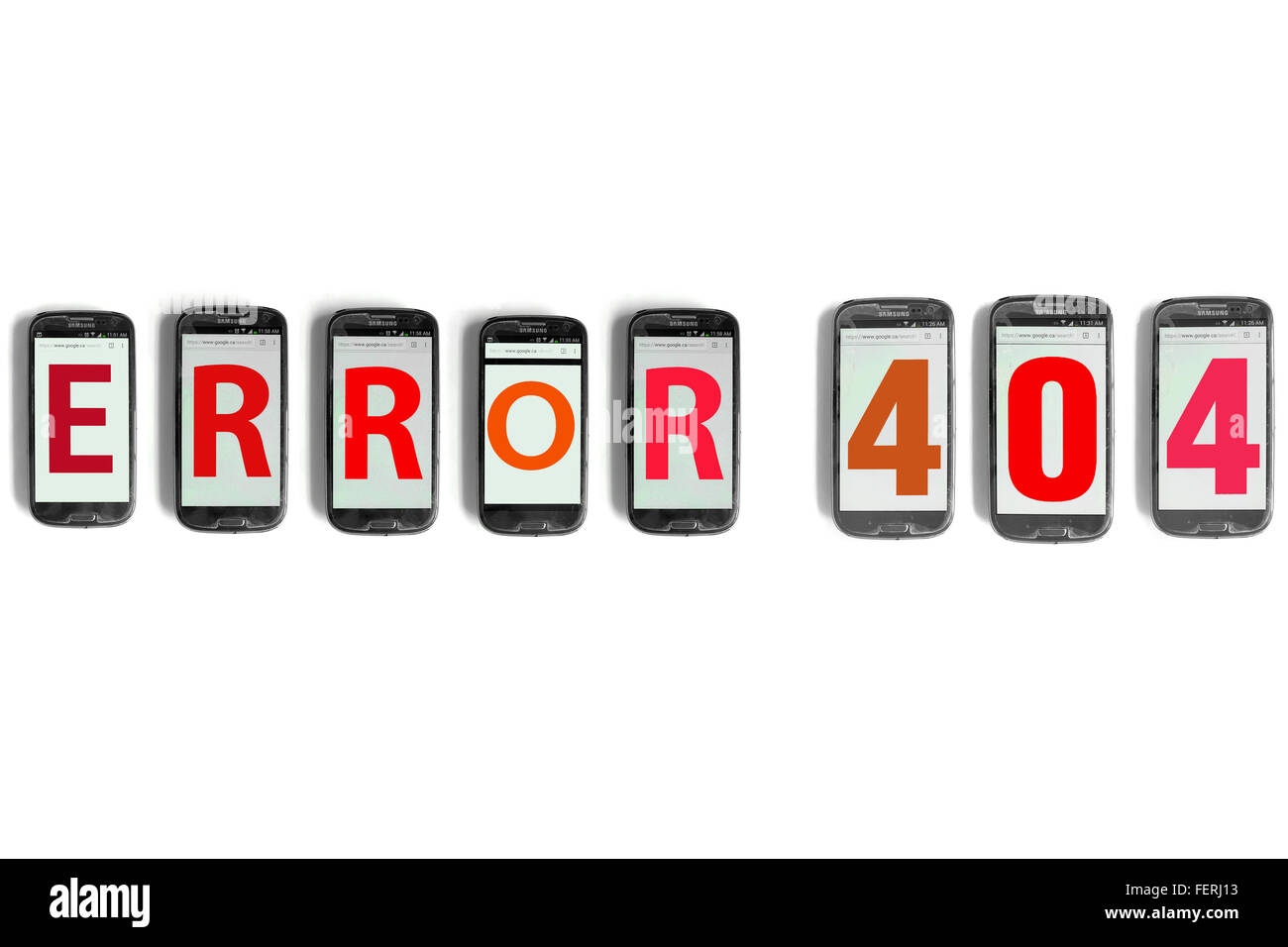 Error 404 on the screens of smartphones photographed against a white background. Stock Photo