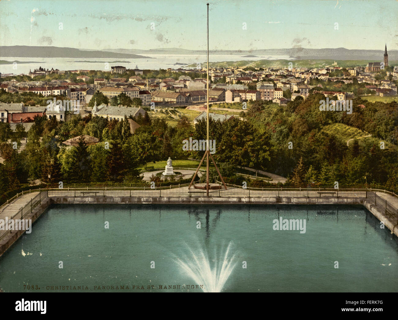 A panoramic view of Christiania (now Oslo), taken from St. Hanshaugen. The photochrom print captures the cityscape, offering a glimpse into the urban layout of Oslo in the late 19th century. Stock Photo