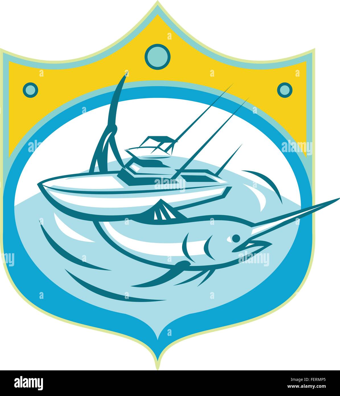 Illustration of a blue marlin and charter fishing boat in sea set inside shield crest done in retro style. Stock Vector
