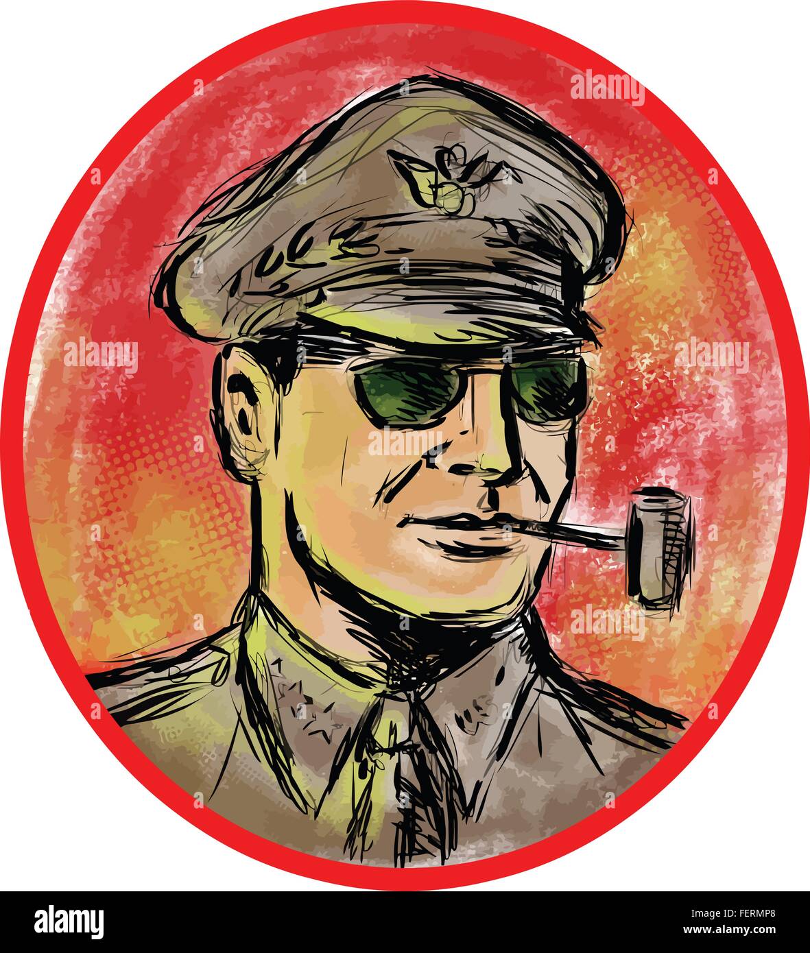 Watercolor style illustration of a world war 2 II general officer smoking a corn cob pipe set inside oval shape on isolated background. Stock Vector