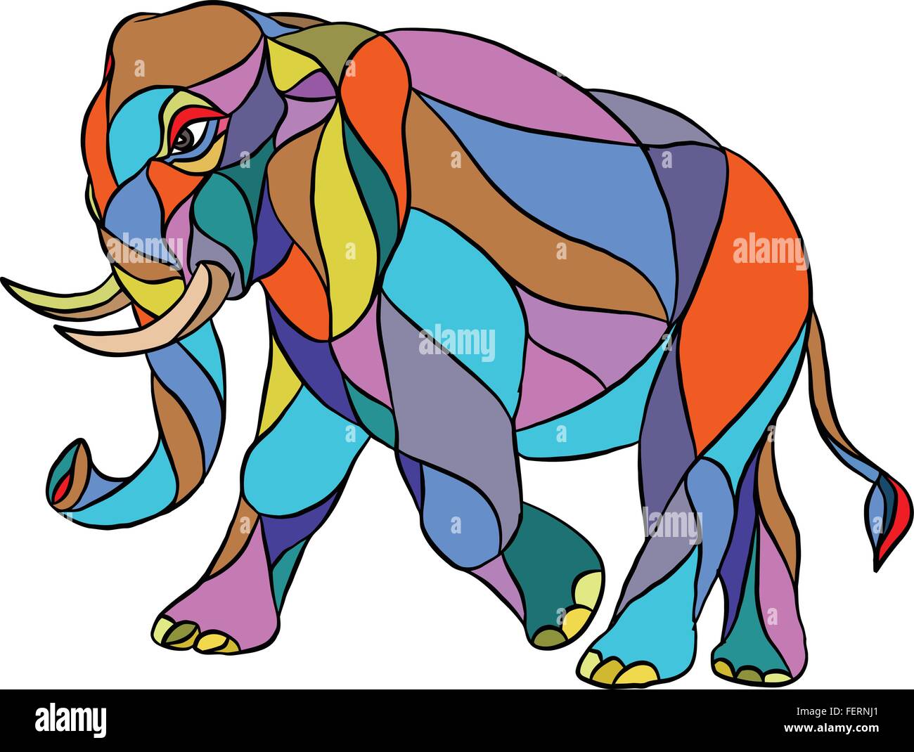 Mosaic style illustration of an angry elephant wth tusks walking viewed from the side set on isolated white background. Stock Vector