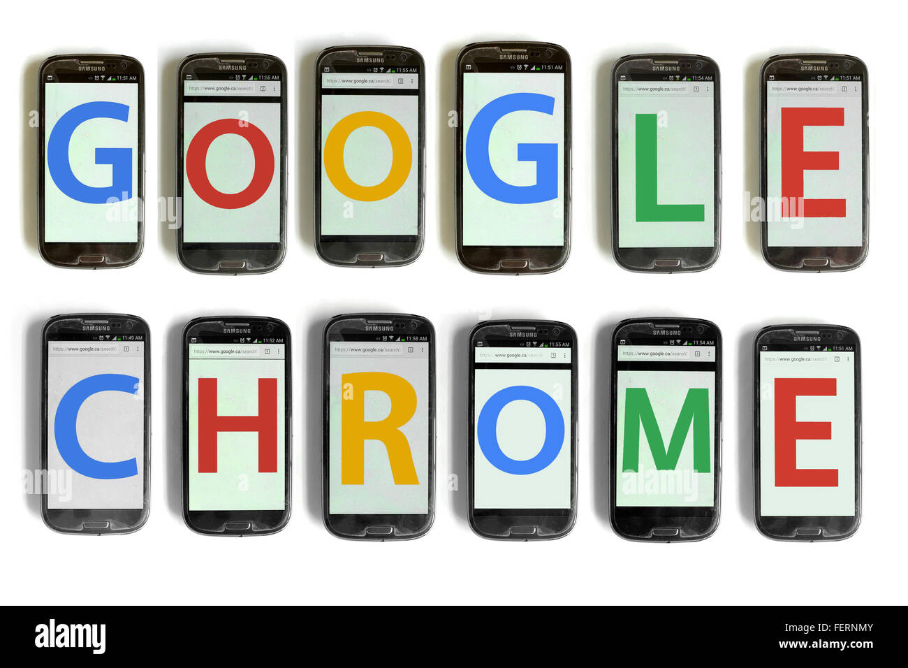 Google Chrome on the screens of smartphones photographed against a white background. Stock Photo