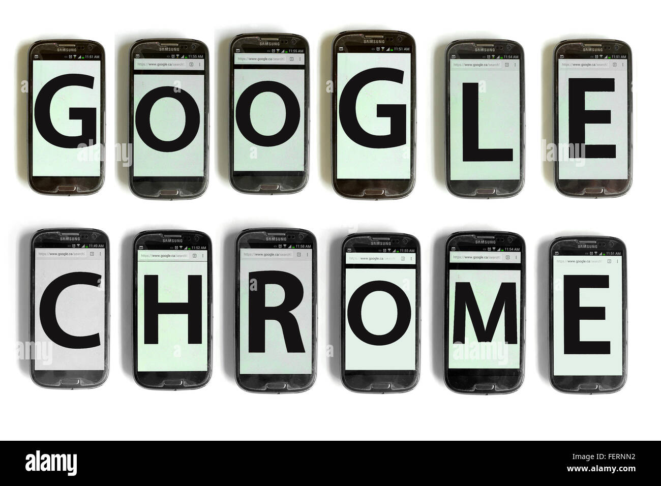 Google Chrome on the screens of smartphones photographed against a white background. Stock Photo