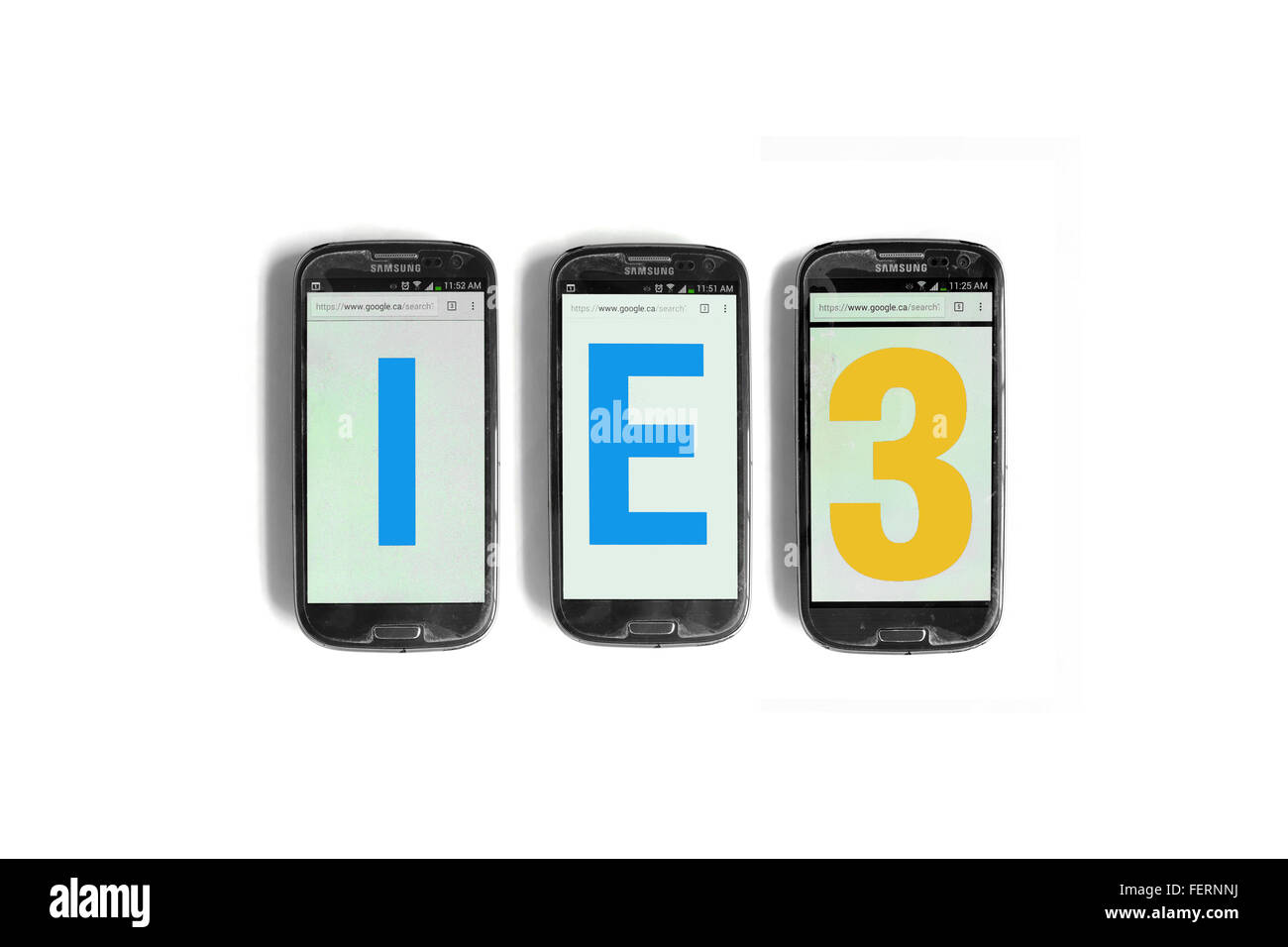 IE3 on the screens of smartphones photographed against a  white background. Stock Photo