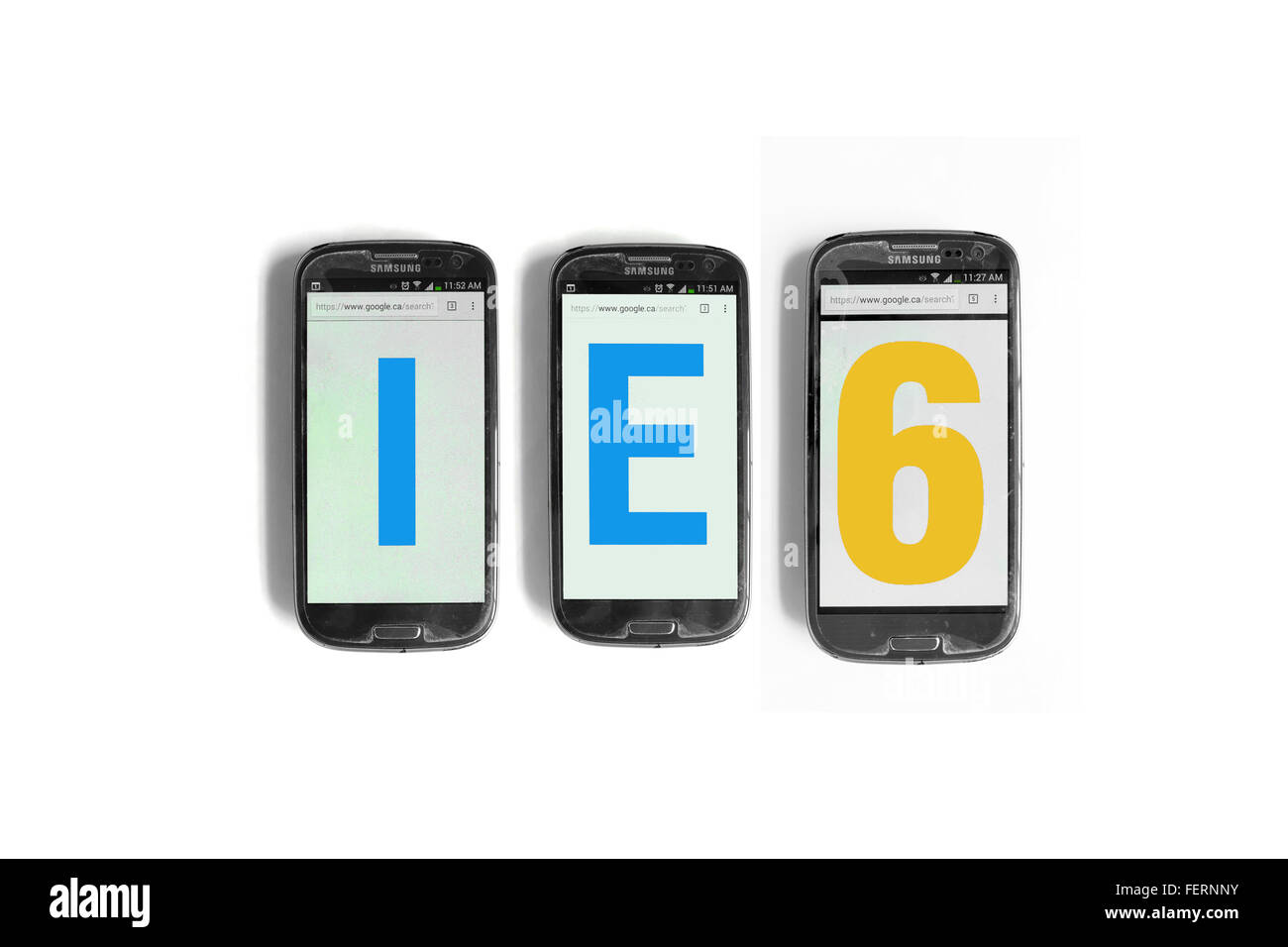 IE6 on the screens of smartphones photographed against a  white background. Stock Photo