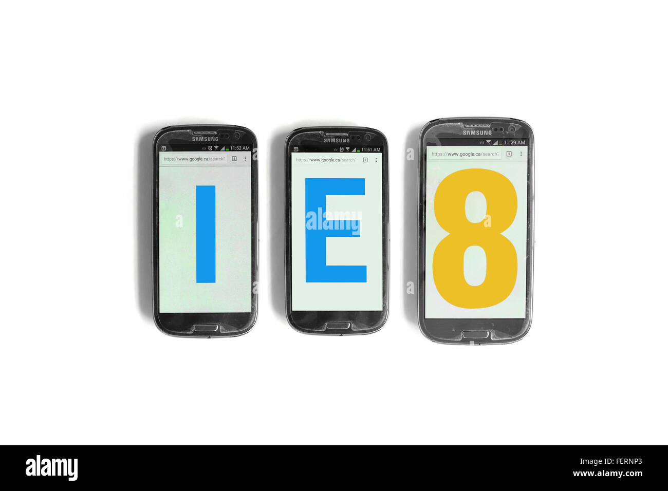 IE8 on the screens of smartphones photographed against a  white background. Stock Photo