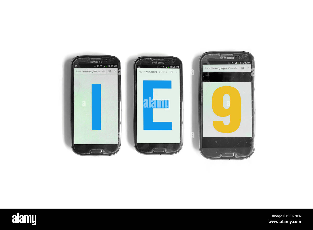 IE9 on the screens of smartphones photographed against a  white background. Stock Photo