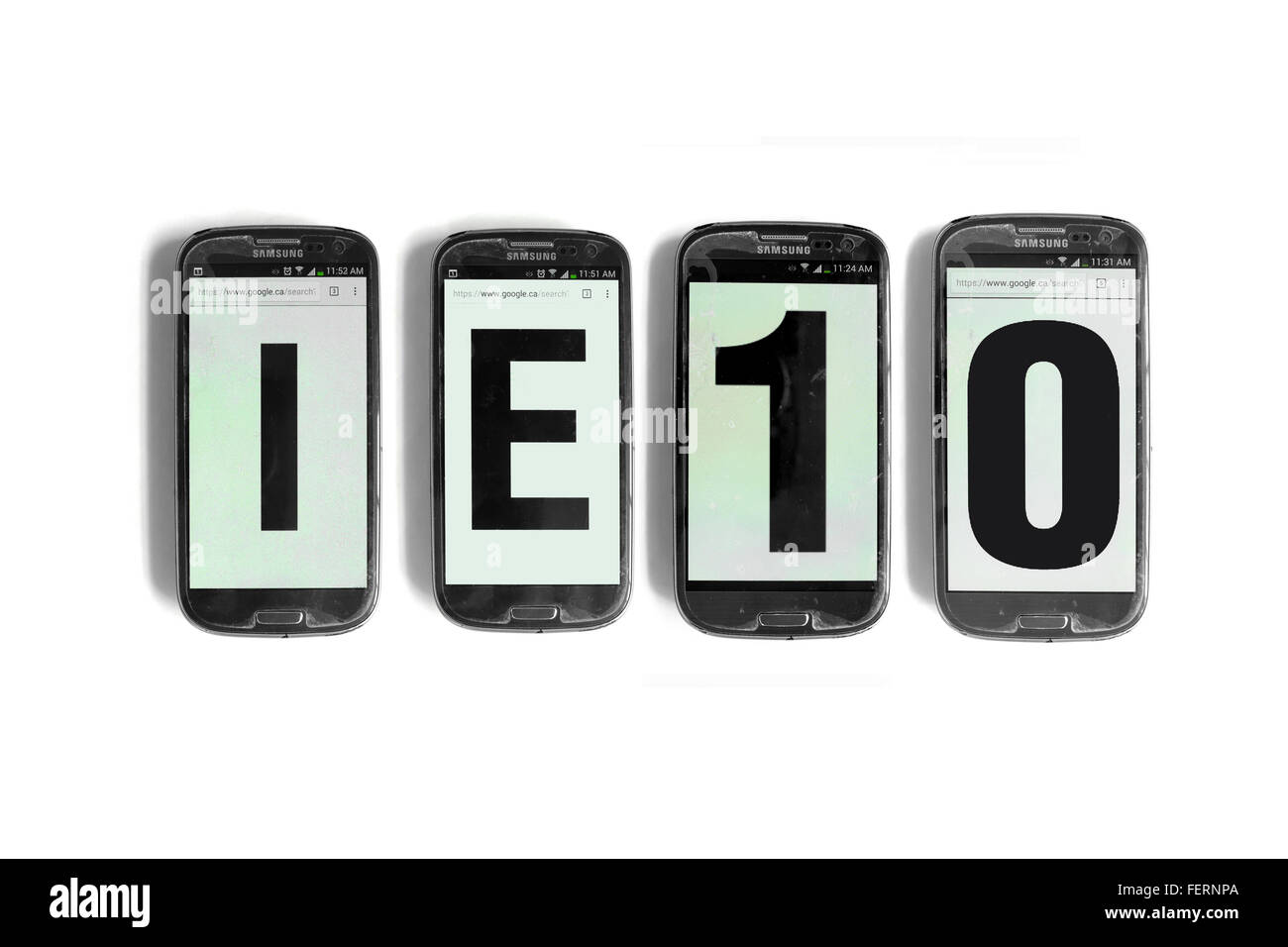 IE10 on the screens of smartphones photographed against a  white background. Stock Photo