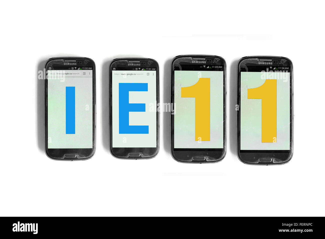 IE11 on the screens of smartphones photographed against a  white background. Stock Photo