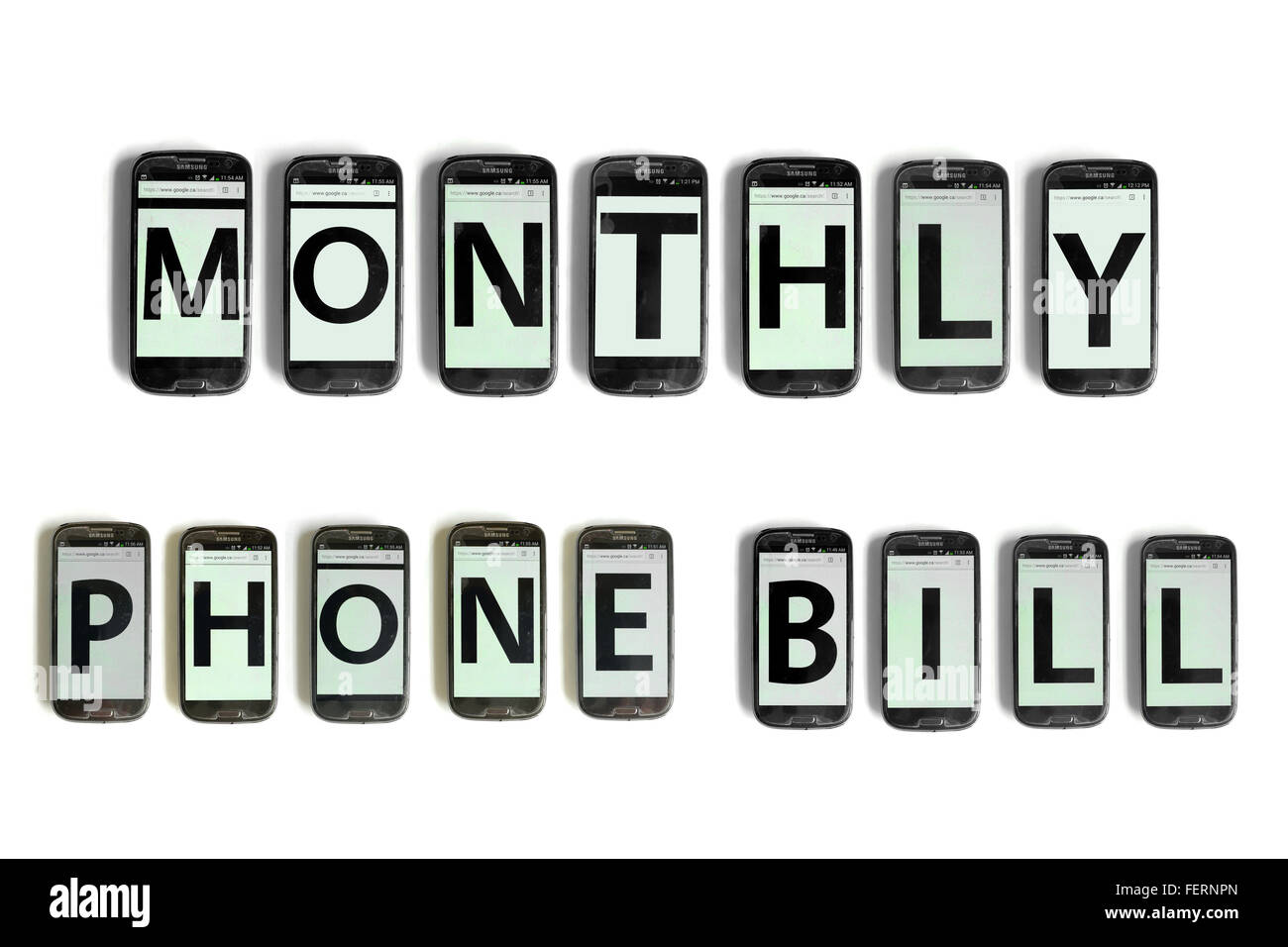 Monthly Phone Bill on the screens of smartphones photographed against a white background. Stock Photo
