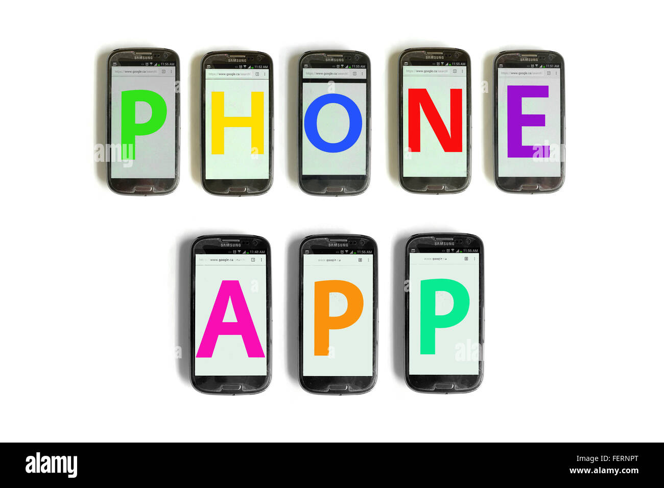 Phone App on the screens of smartphones photographed against a white background. Stock Photo