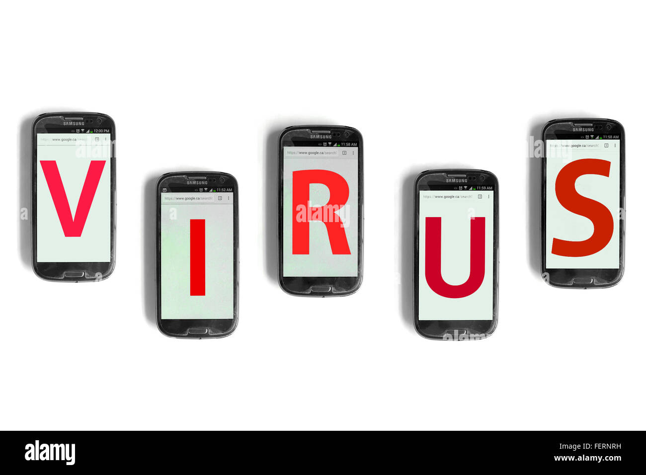 Virus on the screens of smartphones photographed against a white background. Stock Photo