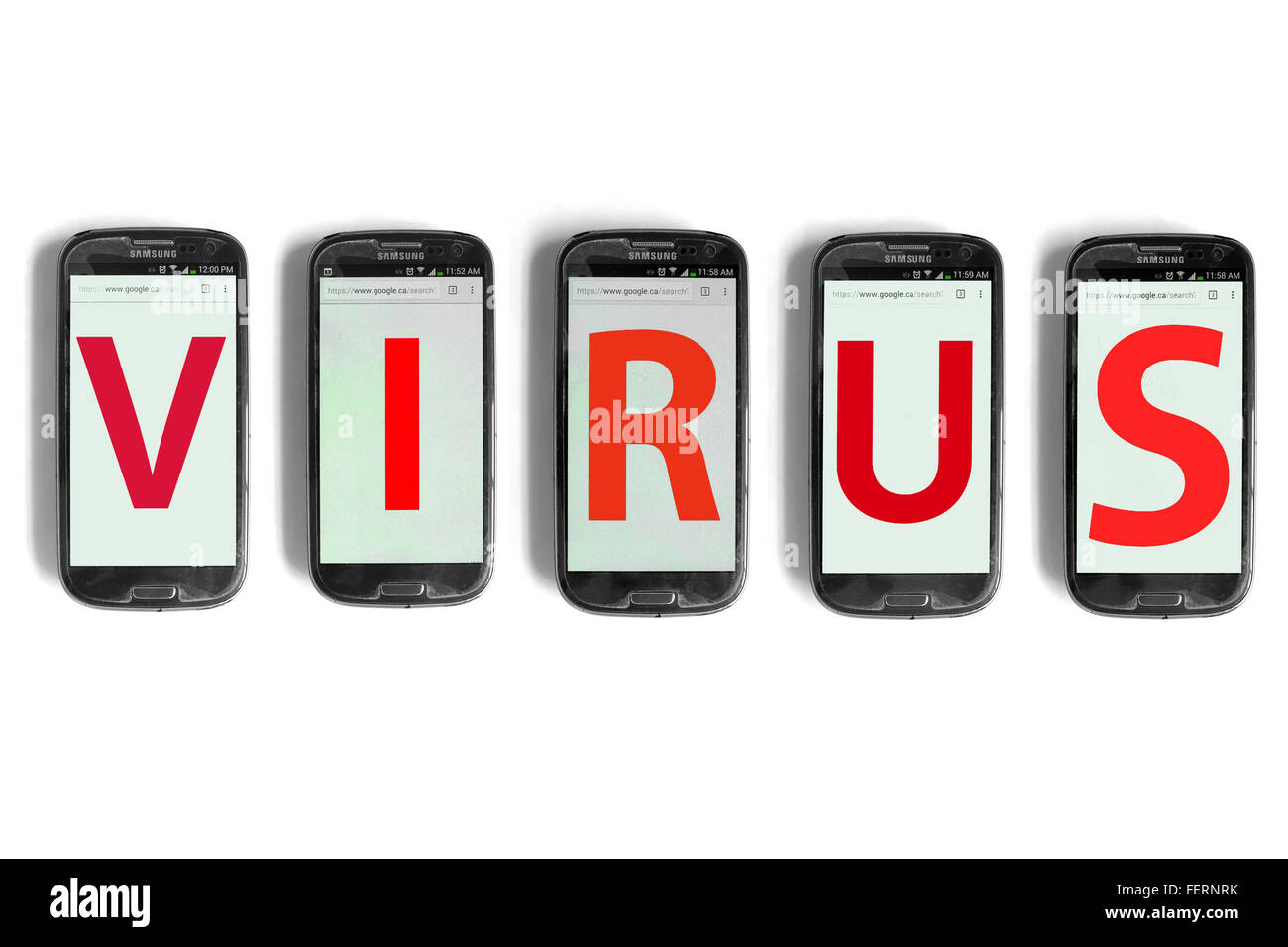 Virus on the screens of smartphones photographed against a white background. Stock Photo
