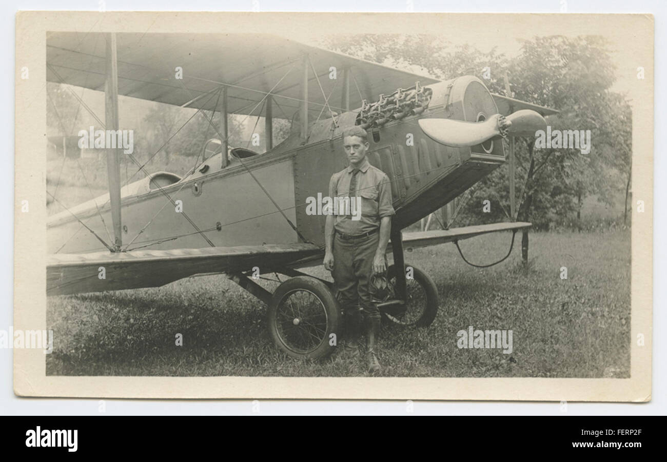 [Flight Instructor Chase Standing Beside Curtiss JN-4 Airplane at Love Field] [Flight Instructor Chase Standing Beside Curtiss JN-4 Airplane at Love Stock Photo