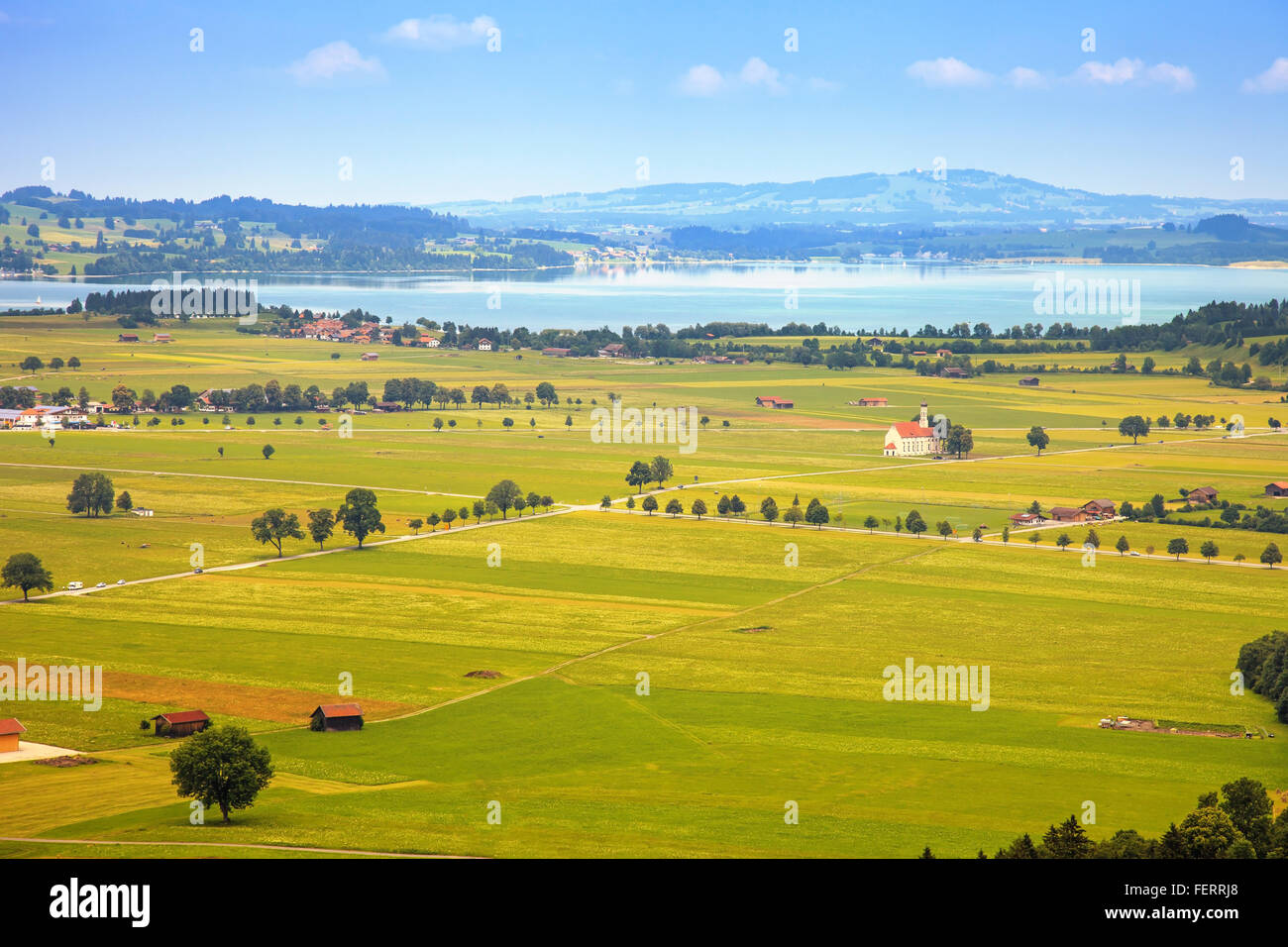Bavaria landscape from Neuschwanstein castle. Schwangau village and Forggensee lake on background. Stock Photo