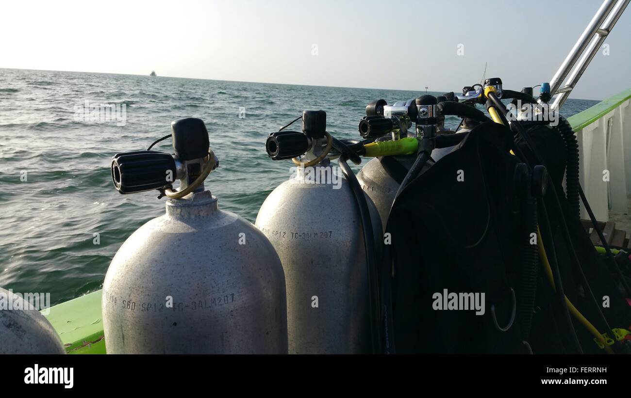Scuba Diving Oxygen Tanks On Boat Sailing In Sea Stock Photo Alamy