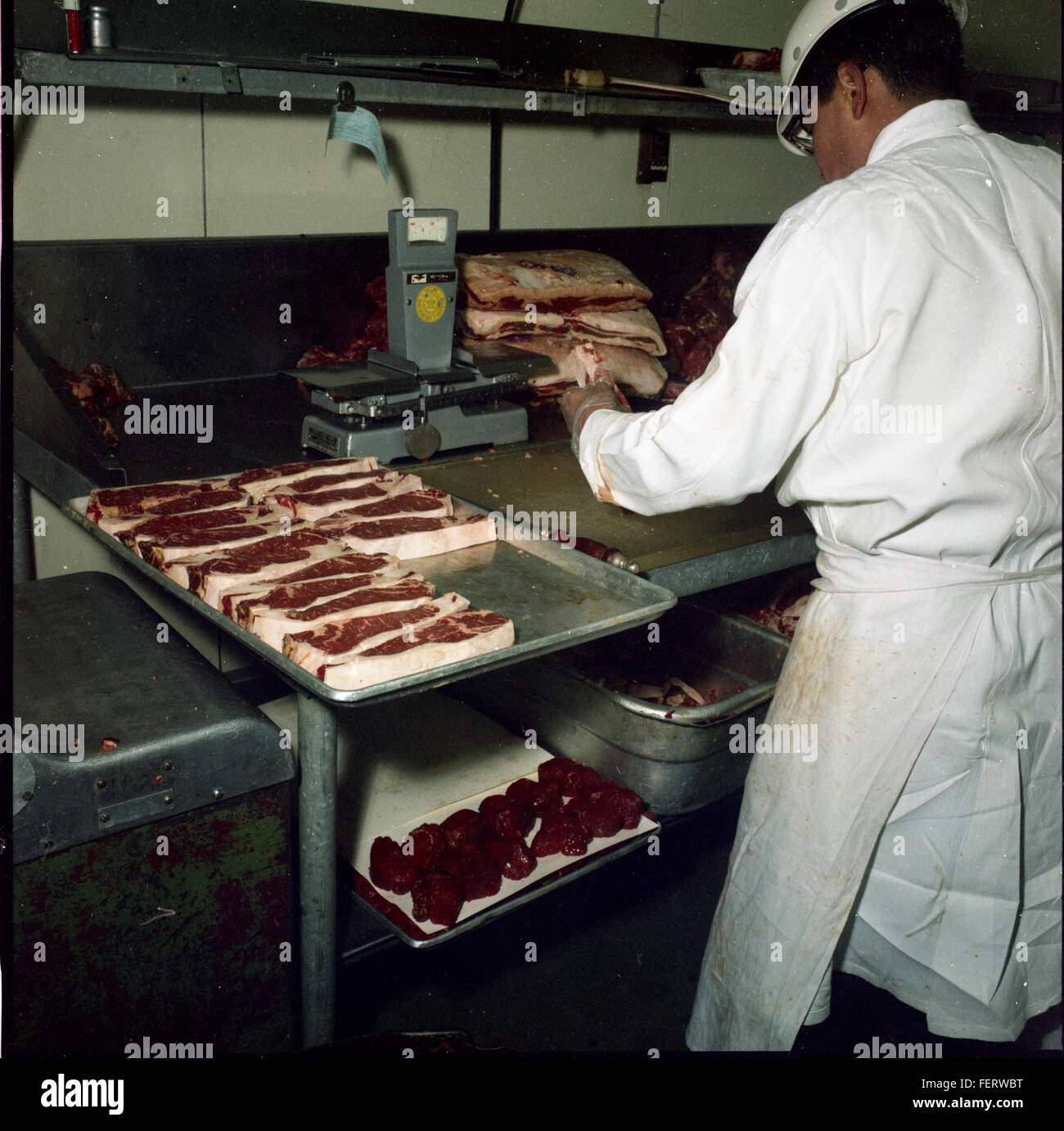 Beef Portion Cutting, 1970 Stock Photo
