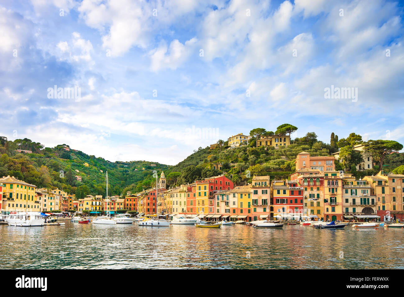 Portofino luxury landmark panorama. Village and yacht in little bay harbor. Liguria, Italy Stock Photo