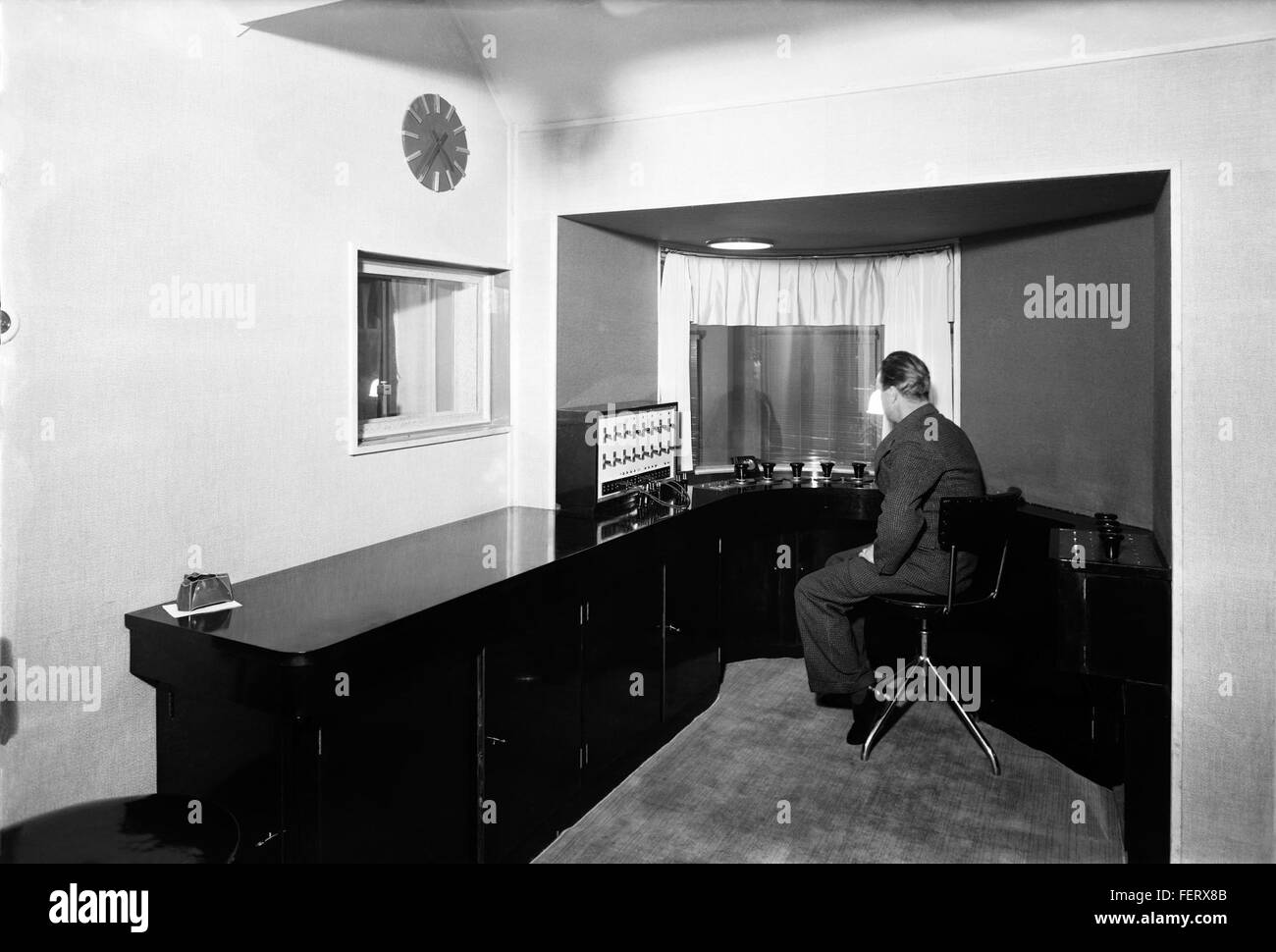Radio House in Fabianinkatu, control room of Studio 2, 1934. Radio House in Fabianinkatu, control room of Studio 2, 1934 Stock Photo