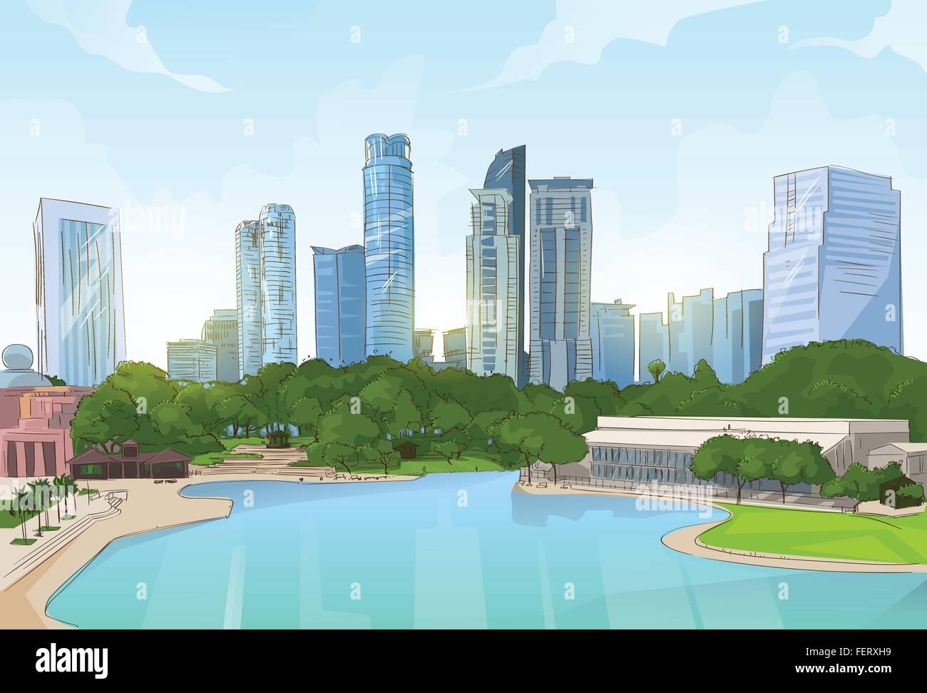 City Center Park Pond Trees Skyscraper View Cityscape Stock Vector ...