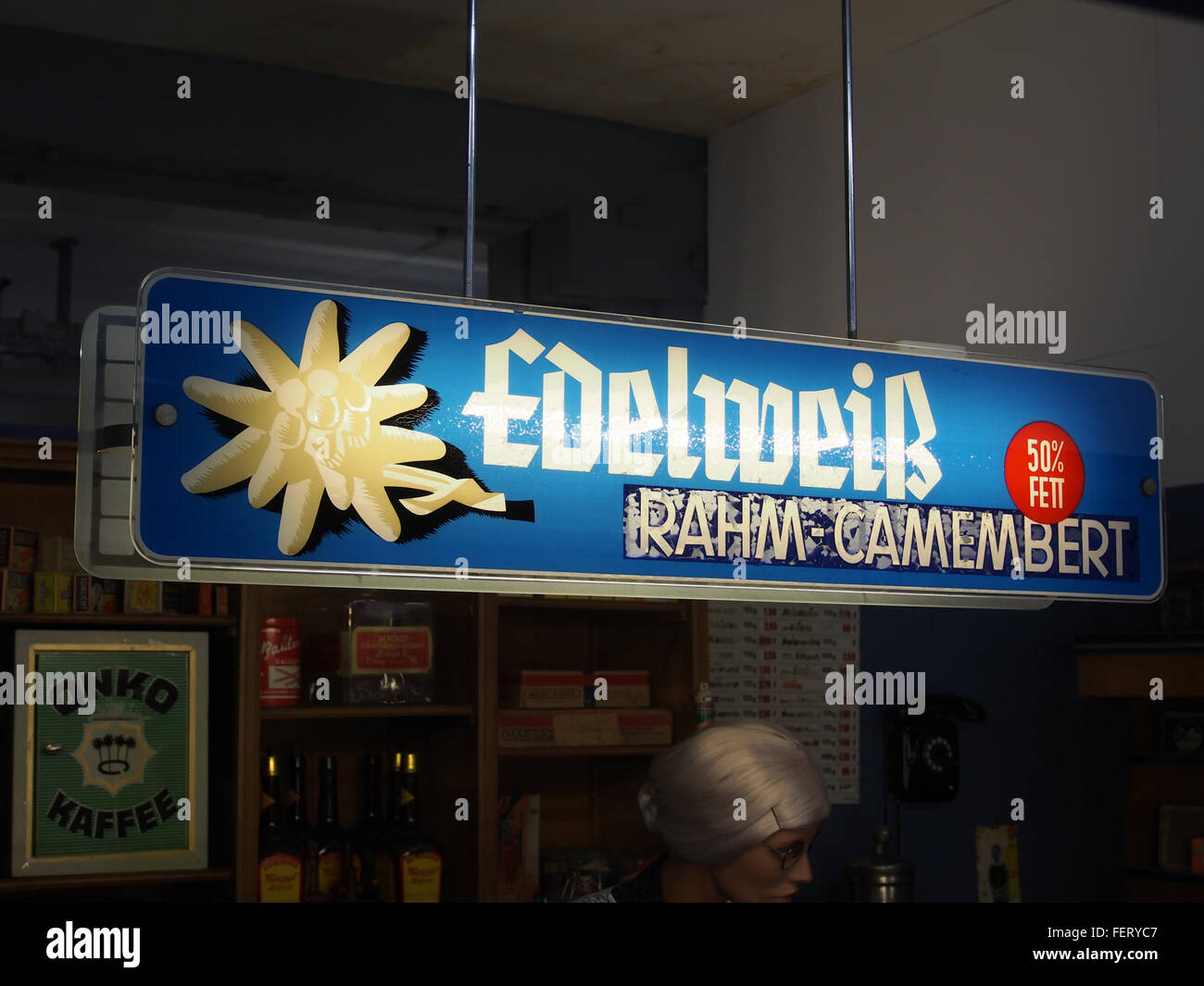 Edelweiss rahm-camembert, luminous advertising sign, Auto & Uhrenwelt Schramberg, pic2 Stock Photo