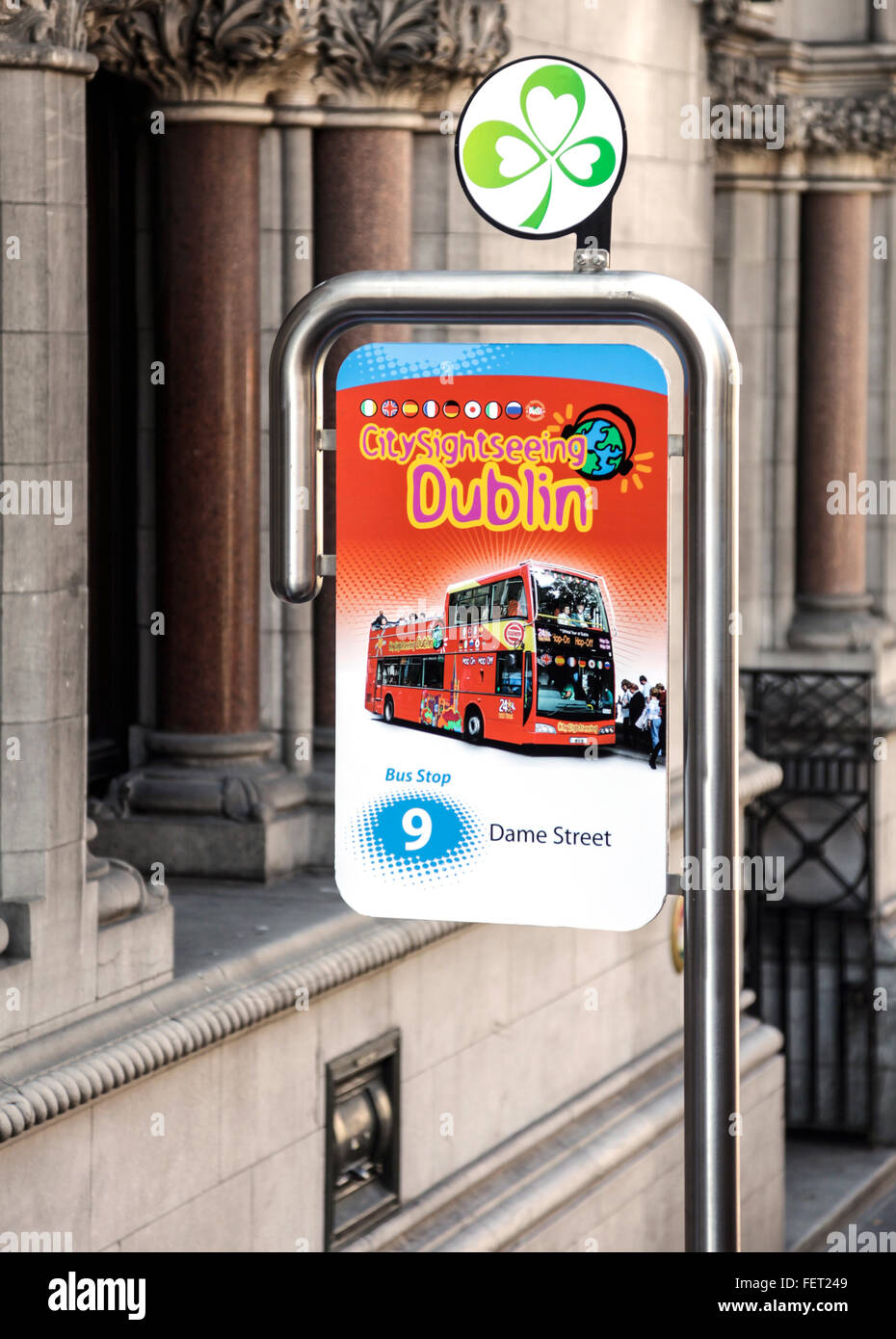 Bus stop No 9 (Dame Street) for the CitySightseeing tour bus in Dublin, Republic of Ireland. Stock Photo