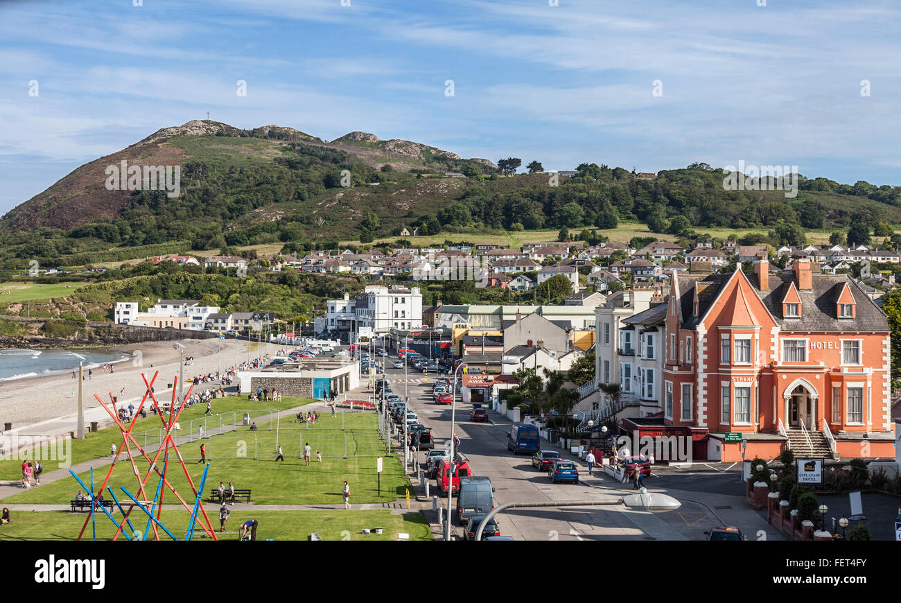 Elevated view looking south, towards Bray Head along Strand Road and the promenade in Bray, County Wicklow, Republic of Ireland. Stock Photo