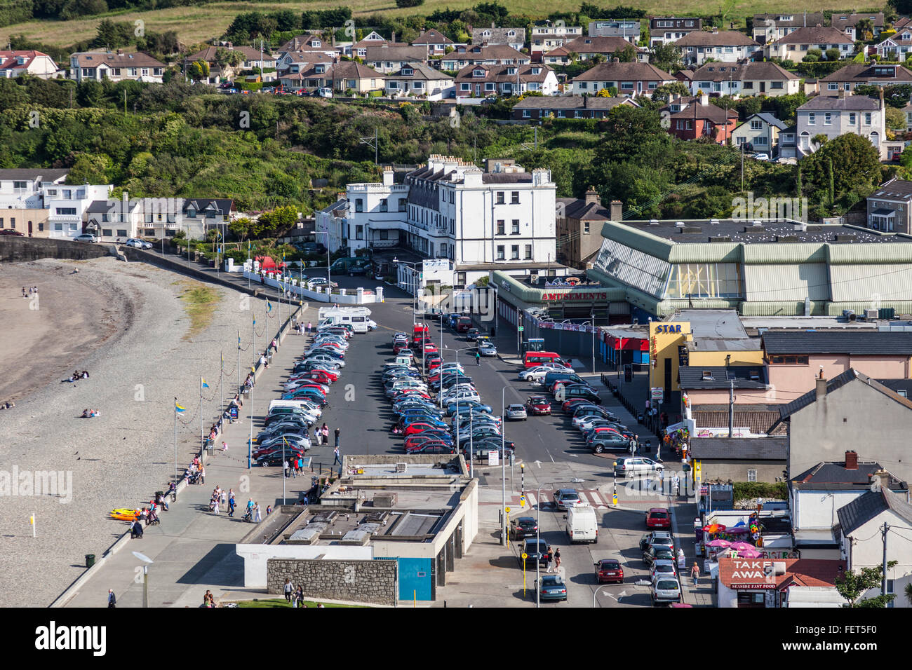 Elevated view looking north along Strand Road and the promenade, Bray, County Wicklow, Republic of Ireland. Stock Photo