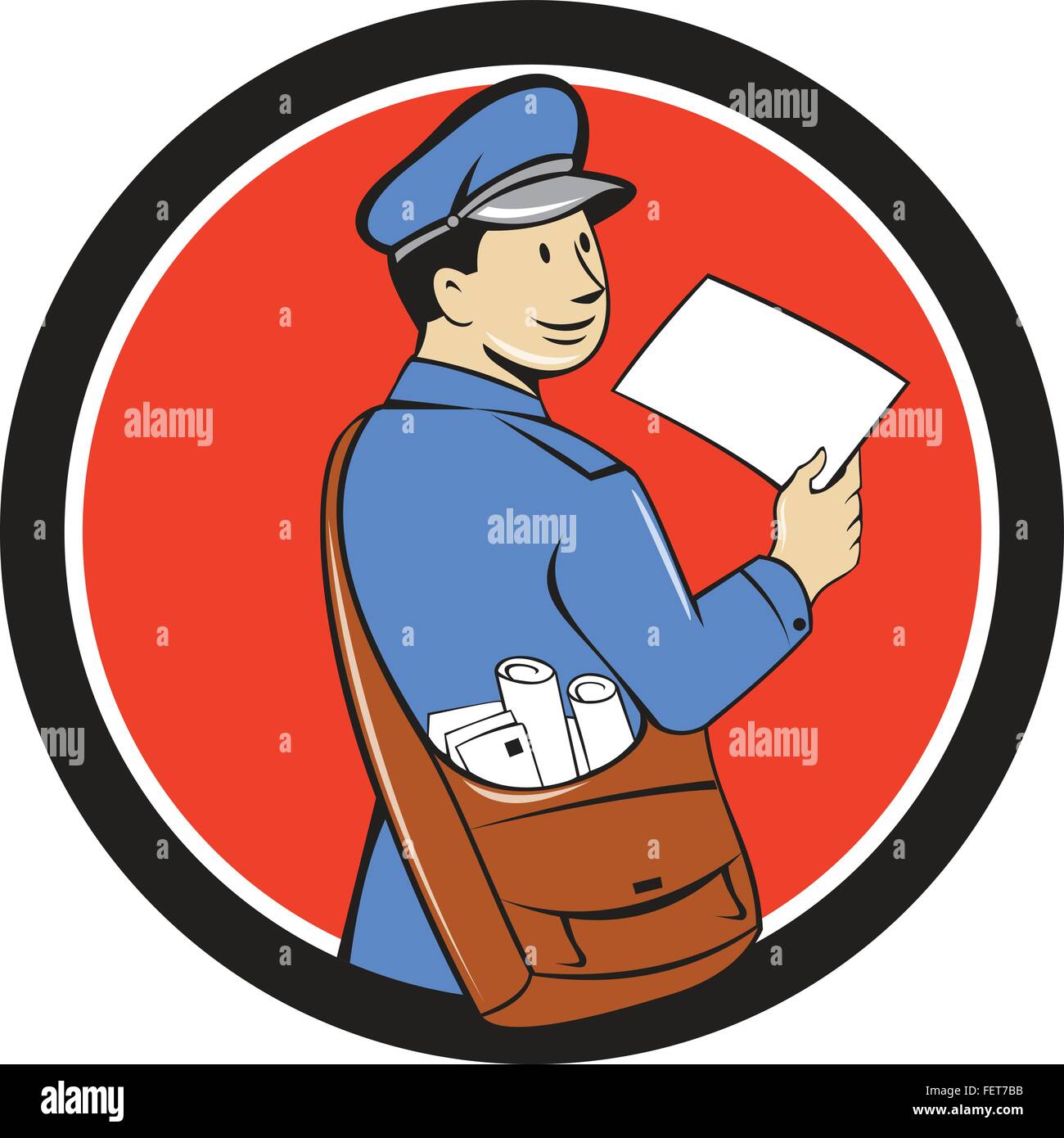 Illustration of a mailman postman delivering a letter looking to the side viewed from rear set inside circle on isolated background done in cartoon style. Stock Vector