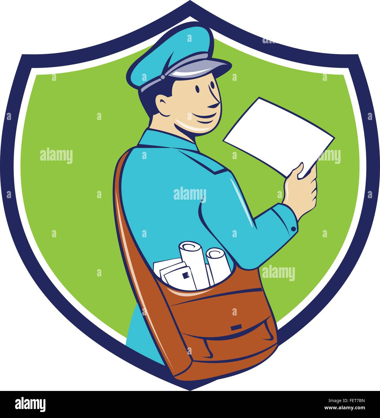 Illustration of a mailman postman delivering a letter looking to the side viewed from rear set inside shield crest on isolated background done in cartoon style. Stock Vector