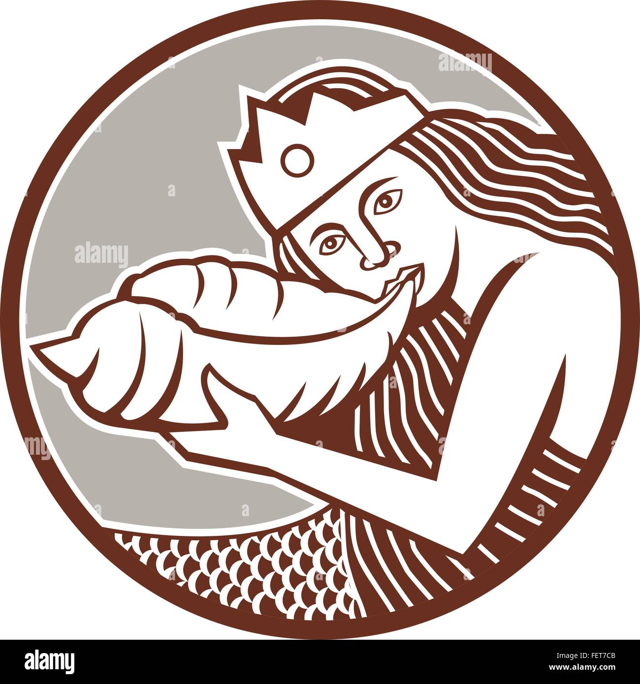 Illustration of a mermaid wearing crown blowing a shell horn set inside circle done in retro style on isolated backgound. Stock Vector