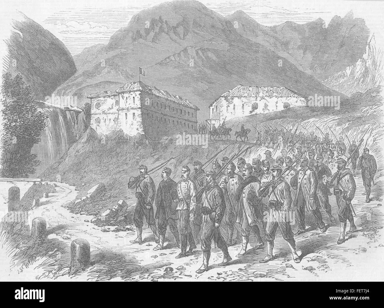AUSTRIA Austrian POWs leaving Ft of Ampola, Tyrol 1866. Illustrated London News Stock Photo